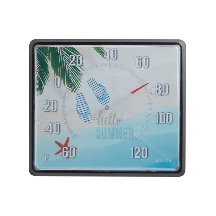 12x14 outdoor thermometer in a black frame with tropical palm design and Hello Summer text