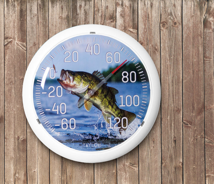 Jumping Fish Thermometer set against weathered wooden boards