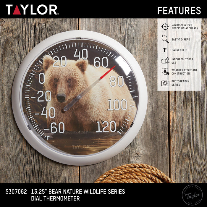 Taylor features banner with wood background beside a bear dial thermometer