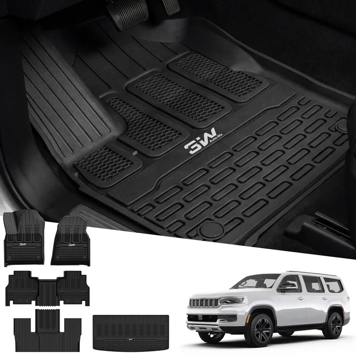 3W Floor Mats & Cargo Liner for Jeep Wagoneer 2022-2026 7-Seat (NOT for 8-Seat/L/S), with 2nd Row Bench Seat All Weather Protection TPE Full Set Automotive Mat Car Floor Liners Accessories, Black