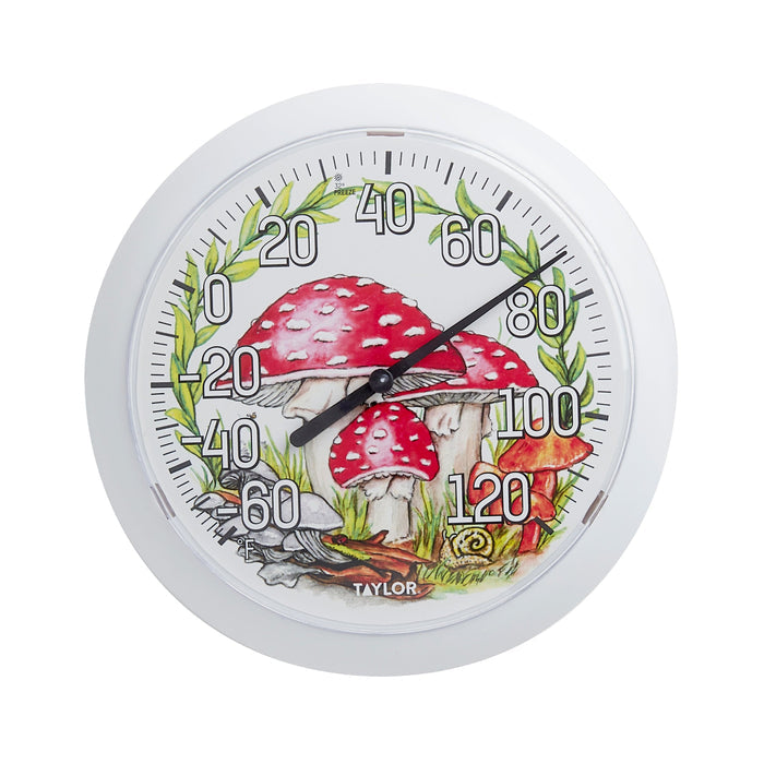 8.5 inch forest mushroom thermometer featuring colorful mushroom illustration on the dial face