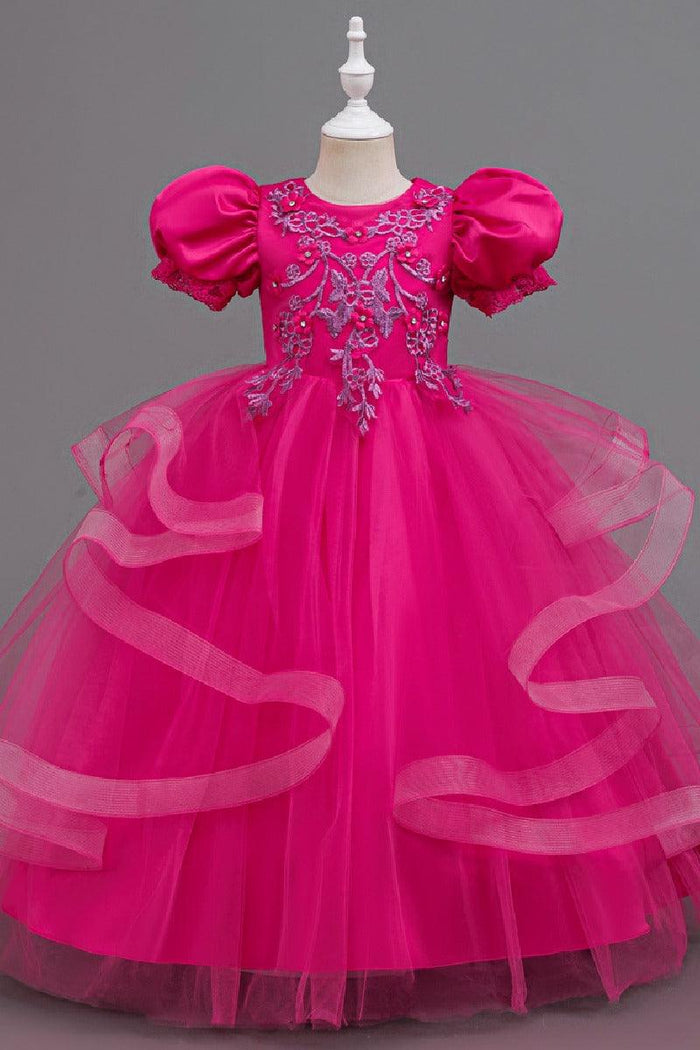 A-Line Round Neck Puff Short Sleeve Ruffled Tulle Floor-Length Flower Girl Dresses 1048500986721