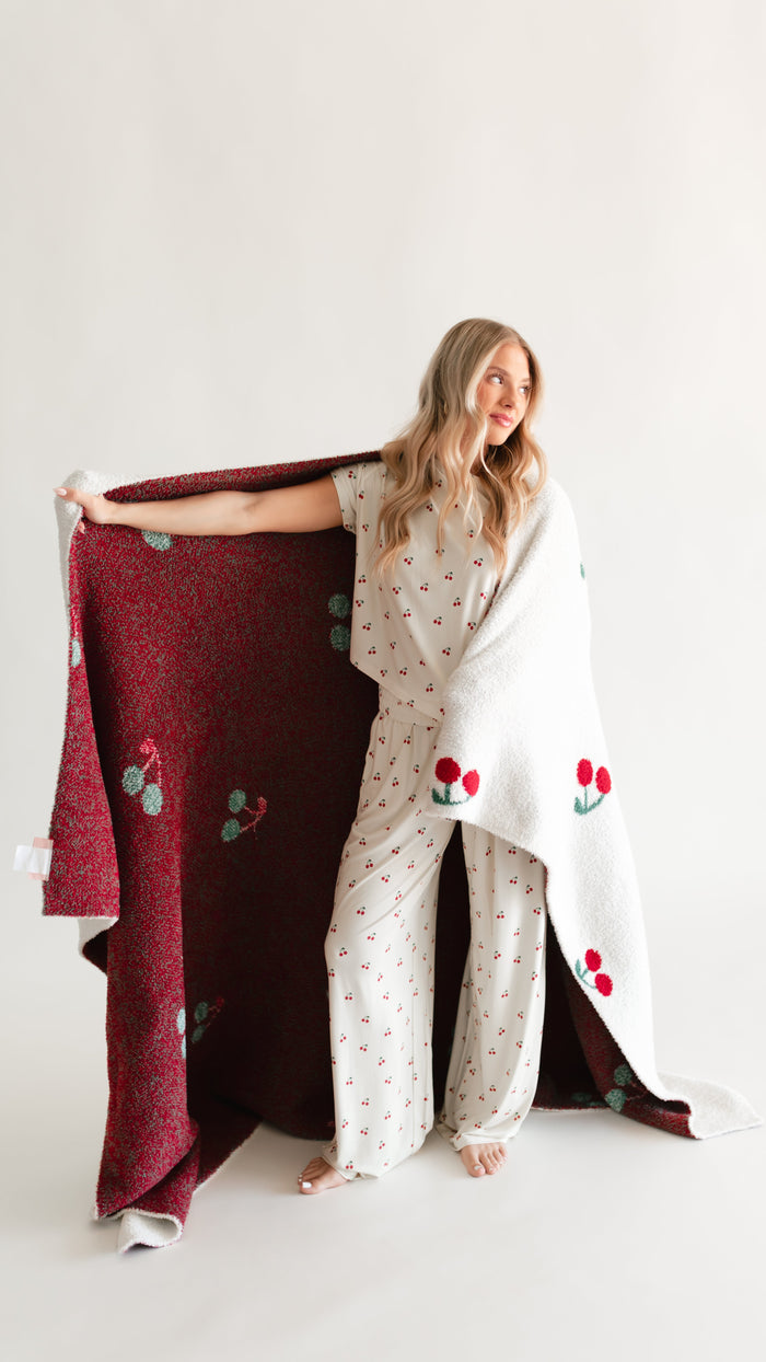 Adult Plush Throw Blanket in Cream Cherries