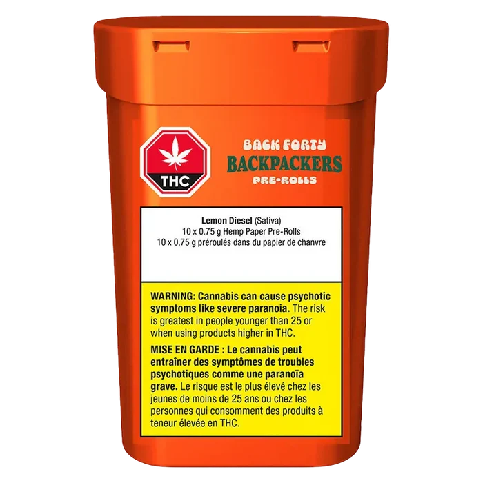 Straight-on view of the orange Back Forty Backpackers Lemon Diesel PR 10 x 0.75 g pre-rolls tub with warning label.