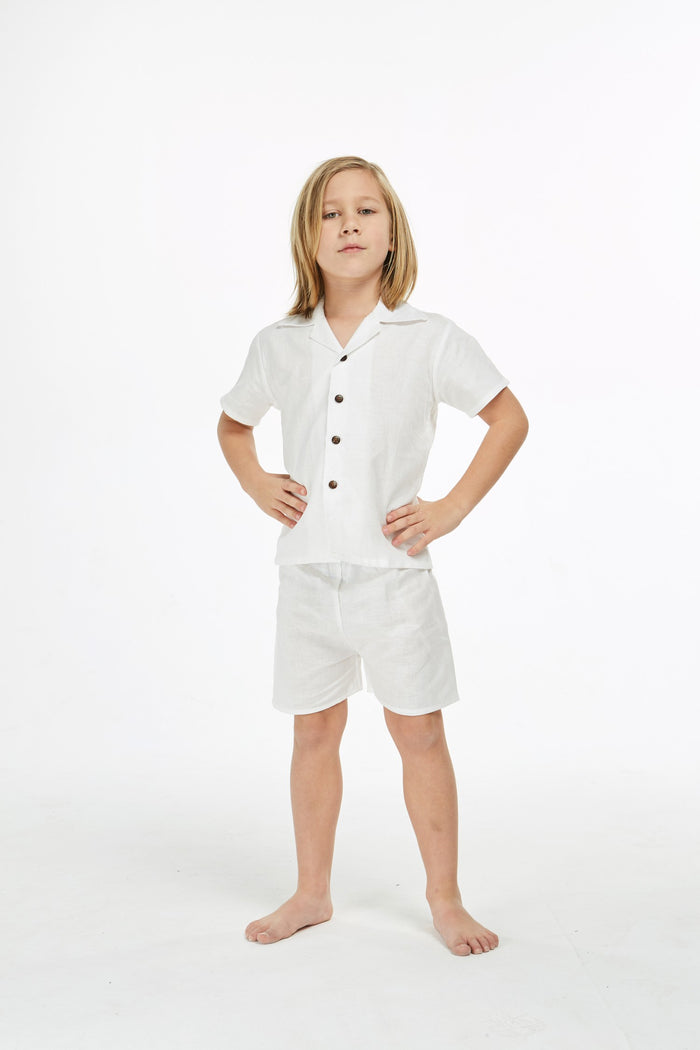Boy Aloha Linen Cotton Shirt Cabana Set in Shark Tooth