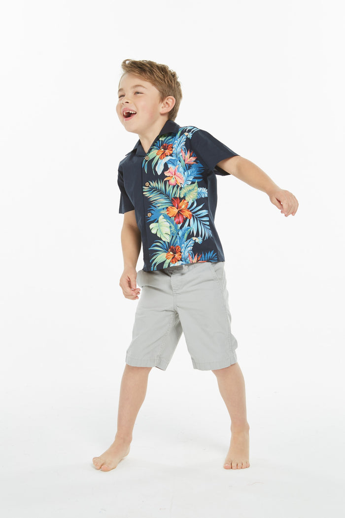 Boy Aloha Luau Shirt in Orchid Paradise in Navy
