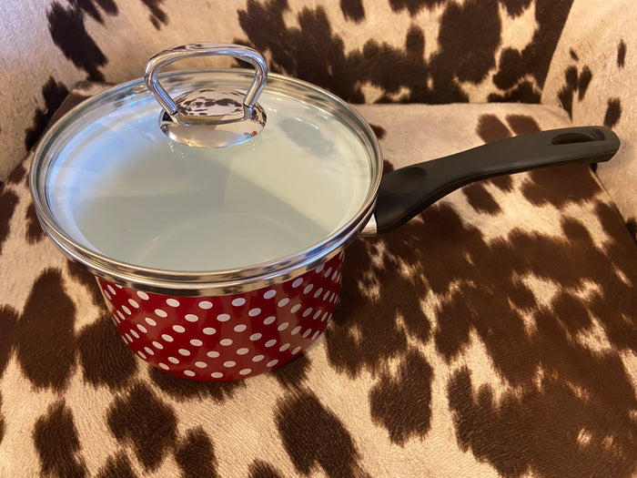 Burgundy 1.6qt Polka Dot Enamelware Saucepan w/ a Glass Lid - Deer Creek Mercantile