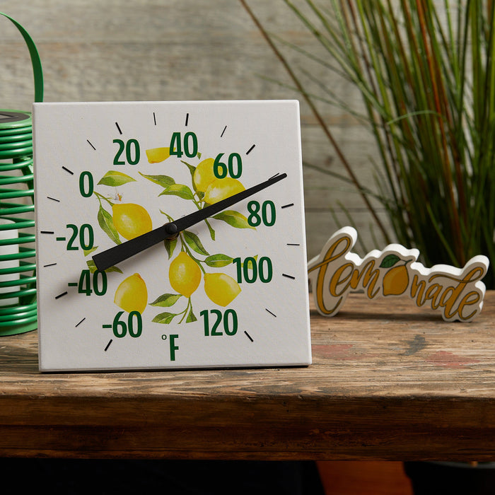 Taylor vertical thermometer with lemon motif and bold blue numbers