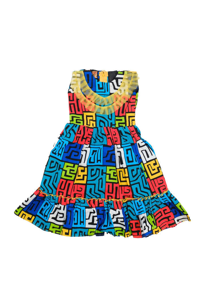 Chefa Girls African Dress, with Tulle Neckline, (Geometric Ankara)