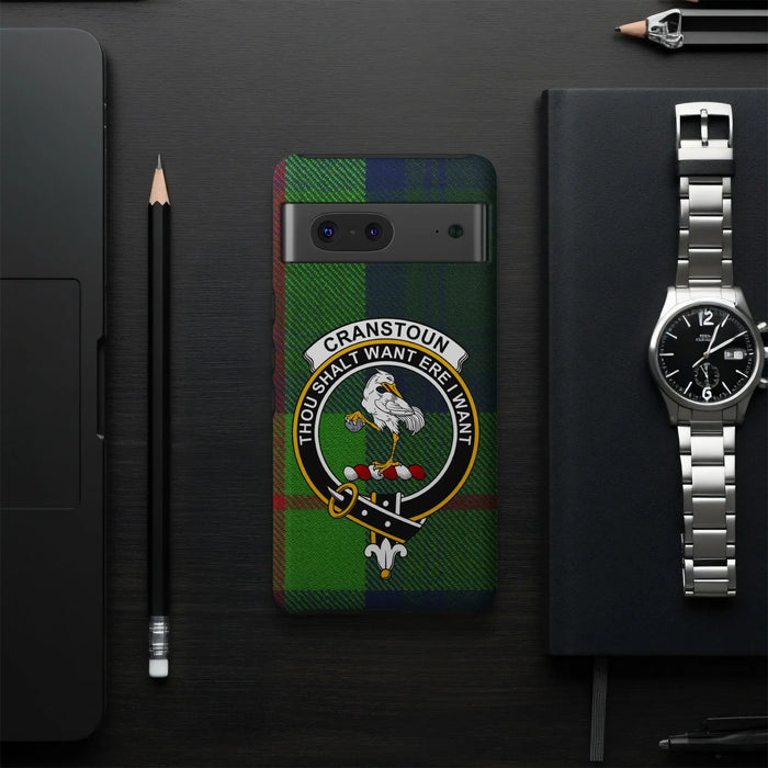 Cranstoun clan crest phone case — angled view showing wrap print and precise port cutouts