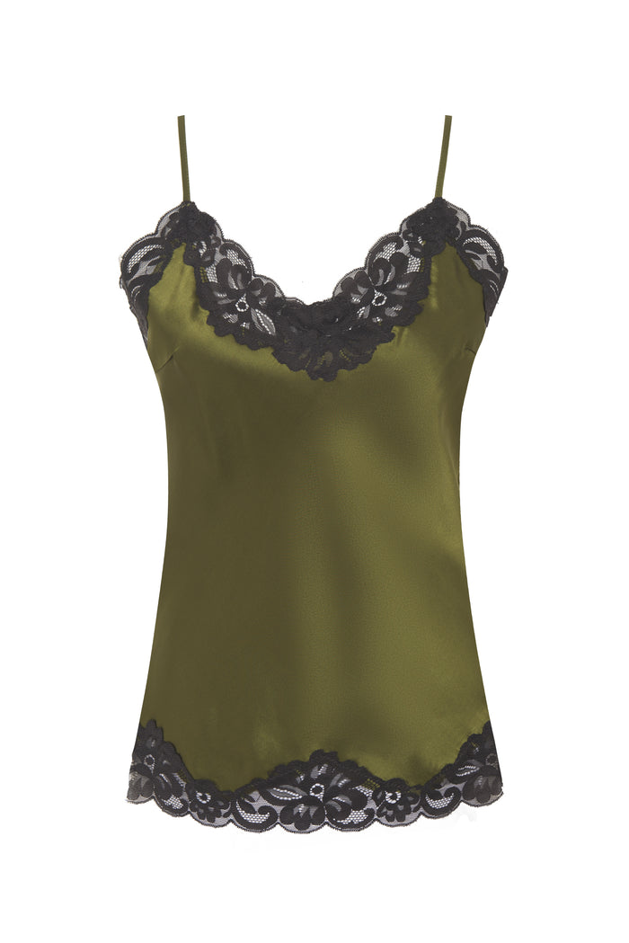 Contrast Floral Lace Silk Cami - Deep Sage - Last Pieces