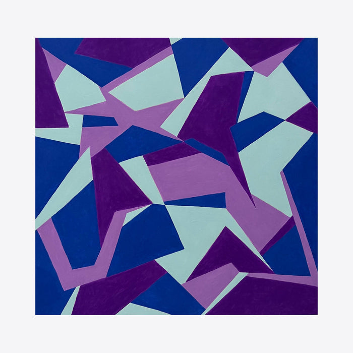 The artwork 'Corner Crinkle' by Joe Piscopia features an abstract geometric composition with sharp angular shapes in deep navy blue, royal purple, and mint green. The gouache painting creates a dynamic pattern of intersecting triangular and polygonal forms, showcasing a modern, fragmented aesthetic on watercolor paper.