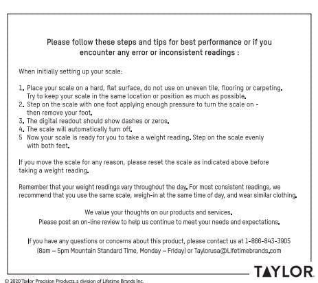 Instruction sheet with scale setup steps and support contact information.