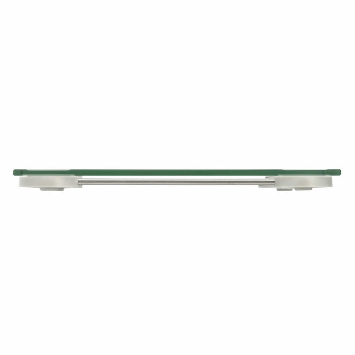 Side view of a digital glass scale with a clear top and metal accents on a white background