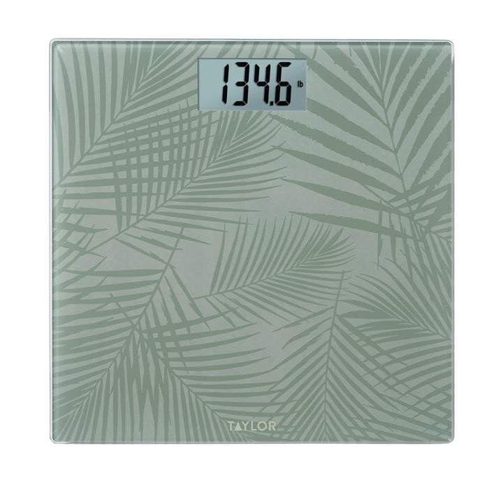 Digital glass scale with a pale green palm leaf pattern across the surface