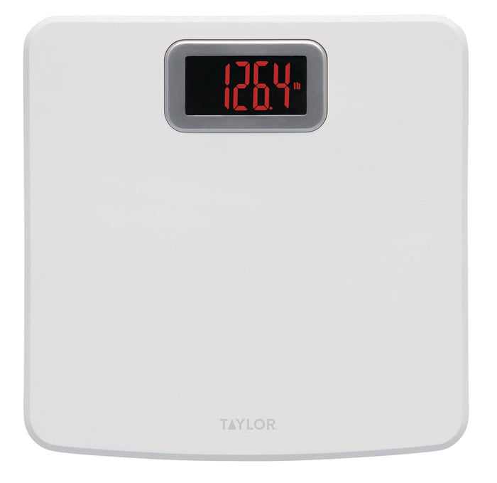 White digital scale with a silver bezel showing red digits reading 126.4 lb