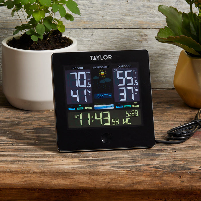 Taylor digital wireless thermometer on a wooden surface beside potted plants with coiled cables