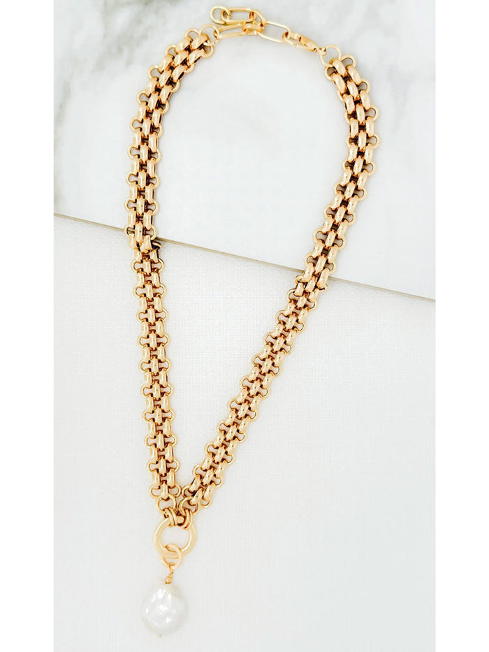Envy Chunky Chain Necklace with Pearl Pendant Gold
