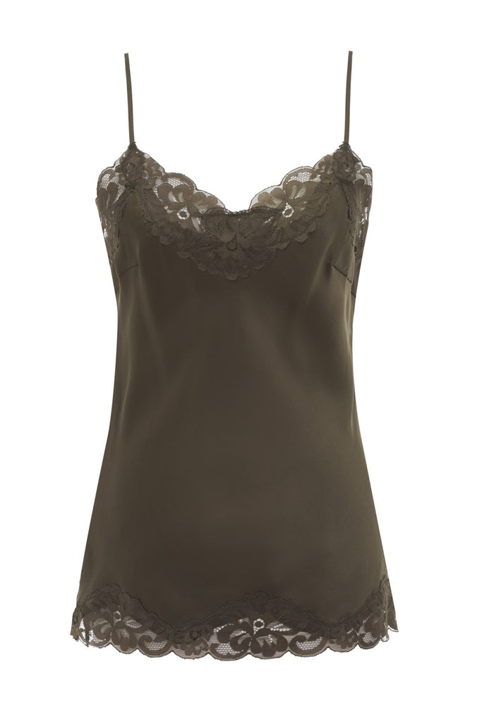 Floral Lace Silk Cami - Moss Green