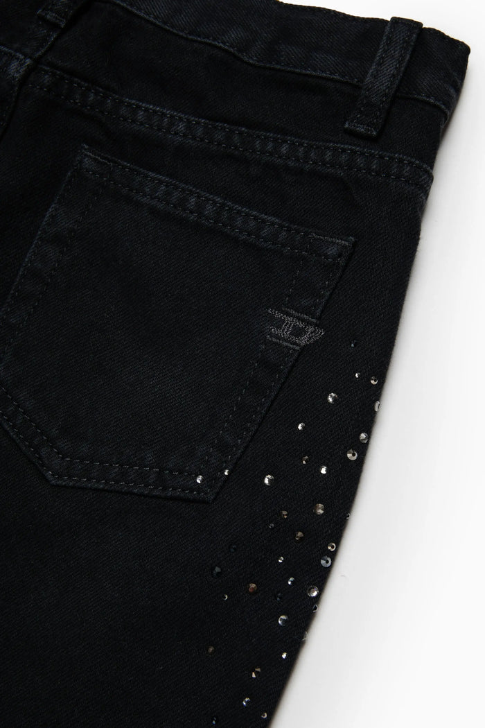 Frayed denim mini skirt with rhinestones