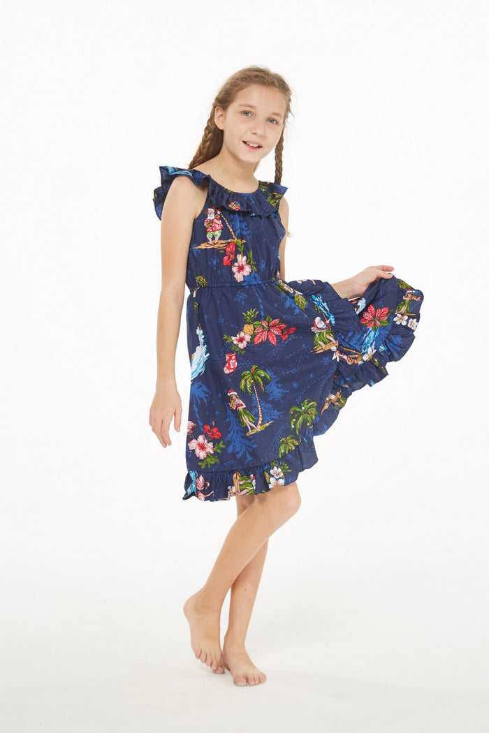 Girl Wrap Ruffle Dress in Christmas Santa Navy