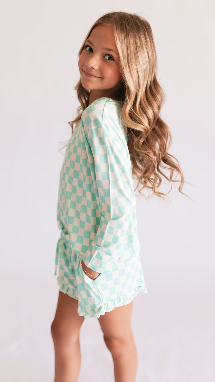 Girl's Long Sleeve and Ruffle Shorts Set in Teal Neon Checkered