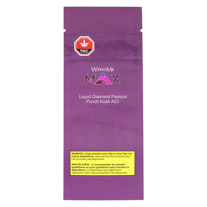 Centered front view of the purple WeedMe MAX Liquid Diamond Passion Punch Kush AIO pouch with THC symbol and yellow warning box.