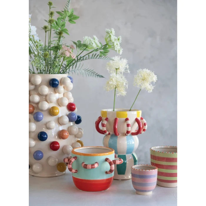 Hand‑Painted Stoneware Vase with Stripes