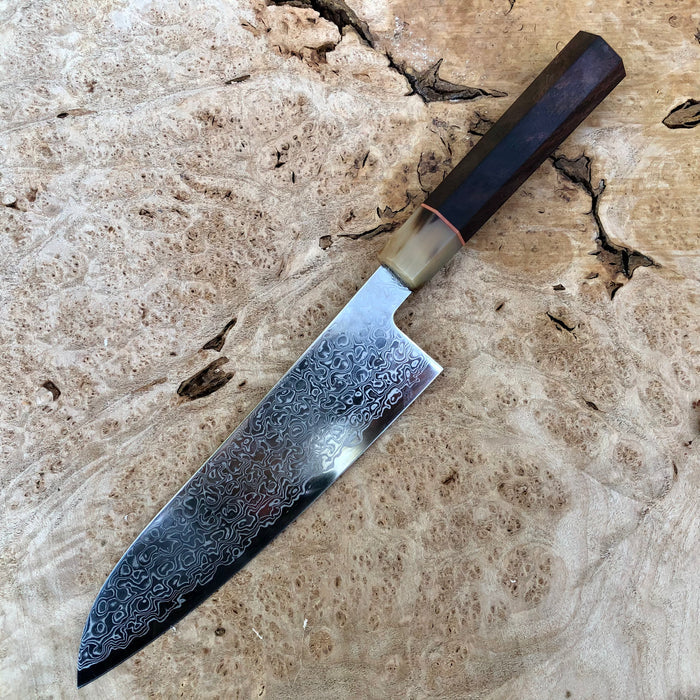Custom Tsunehisa ZA-18 Damascus Santoku 180mm - Rosewood and blonde horn