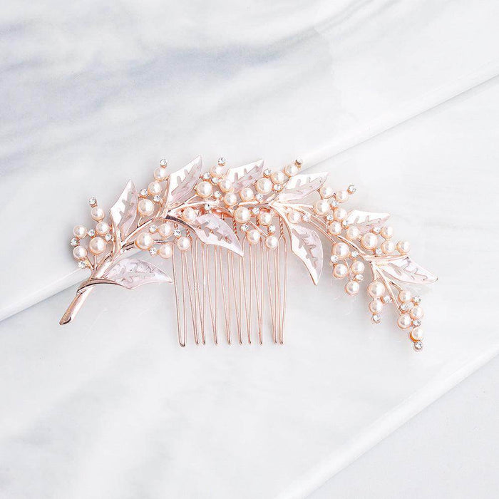 INS style bridal bridal headpiece alloy hollow leaf hair comb Pearl rhinestone disc hair insert comb 597016876018 - COCOMELODY