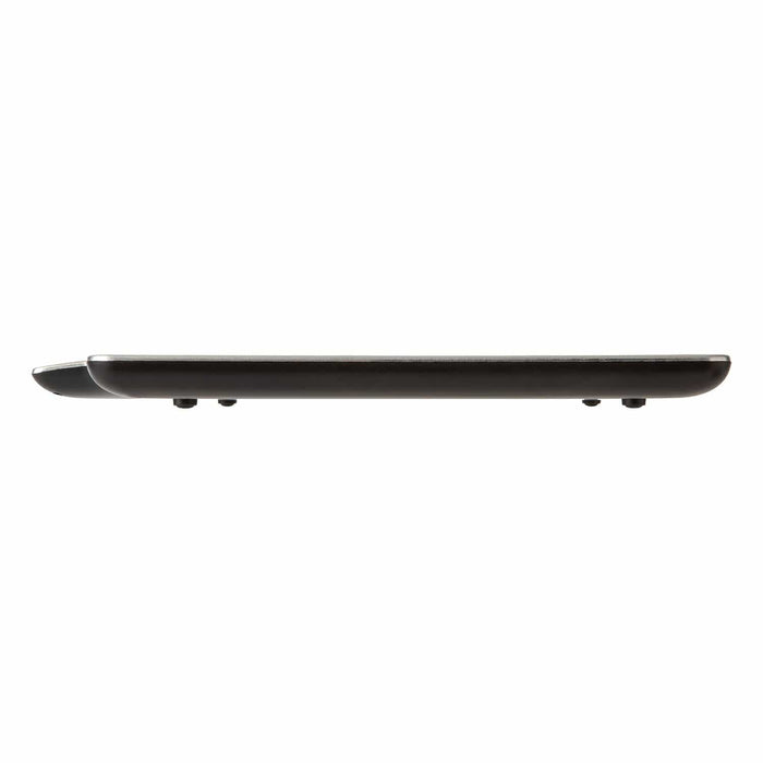 Side profile of a brushed stainless steel large platform kitchen scale.