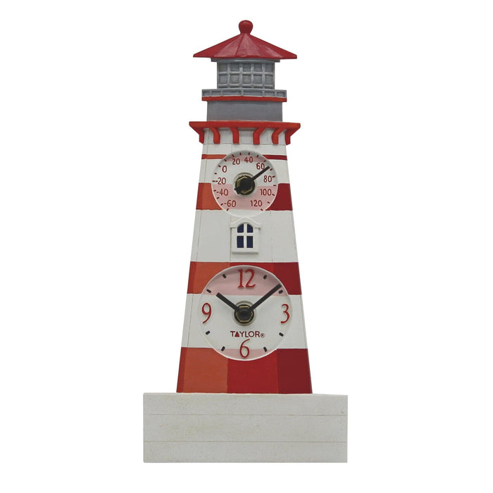 Lighthouse clock with thermometer in a red and white striped tower.