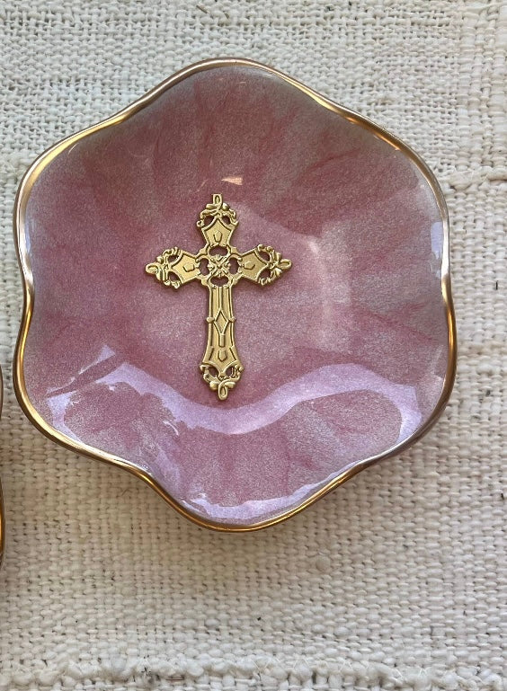 lotus flower cross jewelry dish pink