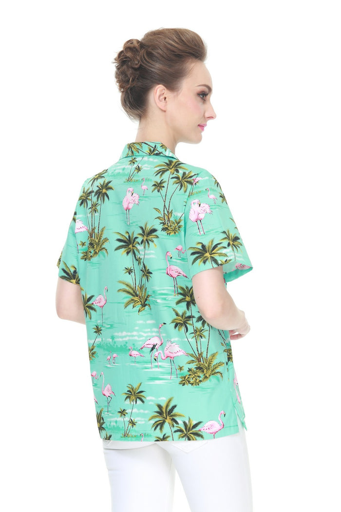 Made in Hawaii Women's Aloha Shirt in Flamingo All Over Turquoise