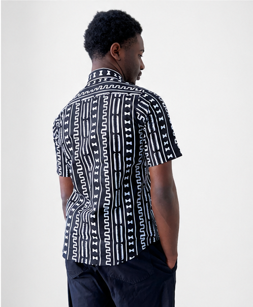 Madu Men's African Shirt in Black and White Ankara African Print