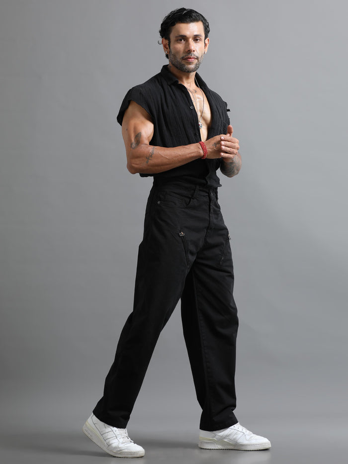 Black Loose Fit Formal Pants for Men detail view - Milano Zip Trouser by Italian Colony