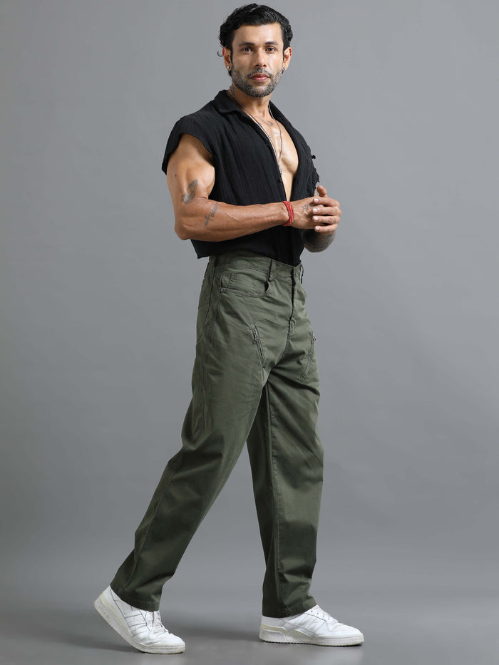 Olive Loose Fit Formal Pants for Men detail view - Milano Zip Trouser by Italian Colony