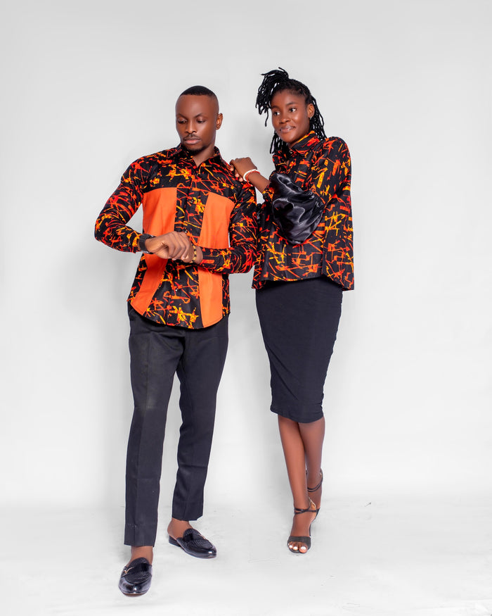 Naya Women's African Shirt with Puff Sleeves (in dark Orange Ankara)