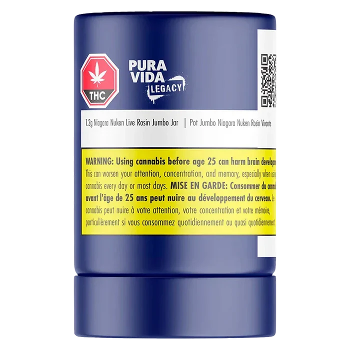 Front-facing shot of a blue canister labeled "Niagara Nuken Jumbo Jar Rosin" with Pura Vida Legacy branding and a yellow health warning band.