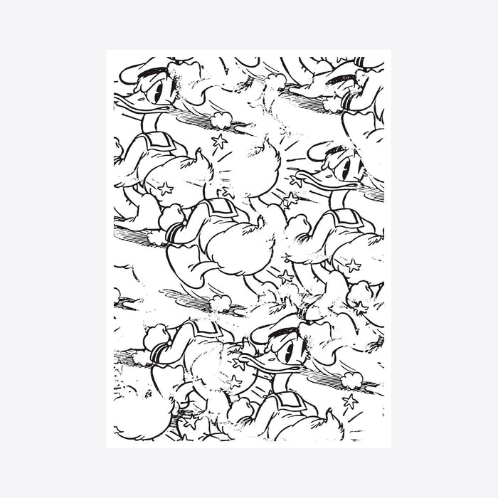 The artwork 'Obsequious' by Travis Witmer features a playful black and white line drawing pattern depicting cartoon ducks in various animated poses. The repeating design shows dynamic movement with energetic brush strokes, creating a whimsical composition of swimming and diving figures in a continuous pattern. Digital print artwork measuring 5x7 inches by Travis Witmer.