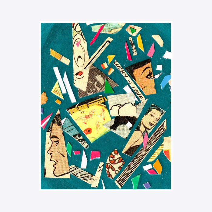 Optical Processing C by Travis Witmer: A dynamic digital collage featuring vintage imagery layered on a deep teal background. Abstract geometric shapes in pink, yellow, and white intersect with retro paper elements, creating a fragmented composition with sharp angles and bold contrasts. Limited edition print emphasizes visual rhythm through scattered compositional elements.