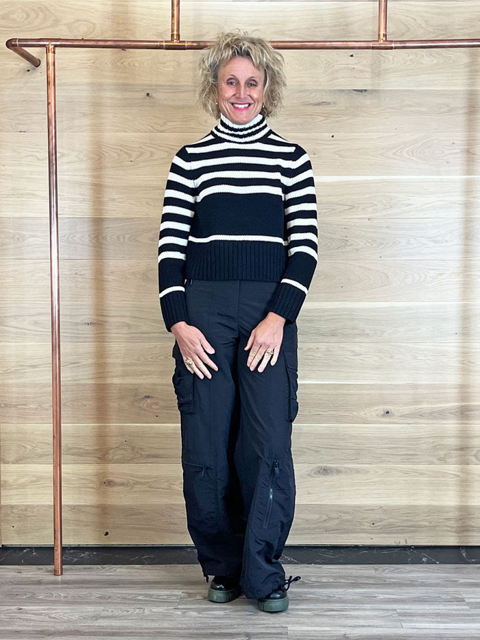 Oui Striped Funnel Neck Jumper Black & Off White