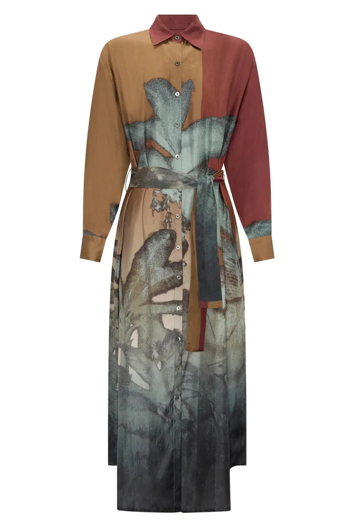 Long, patterned dress with a mix of colors on a white background
