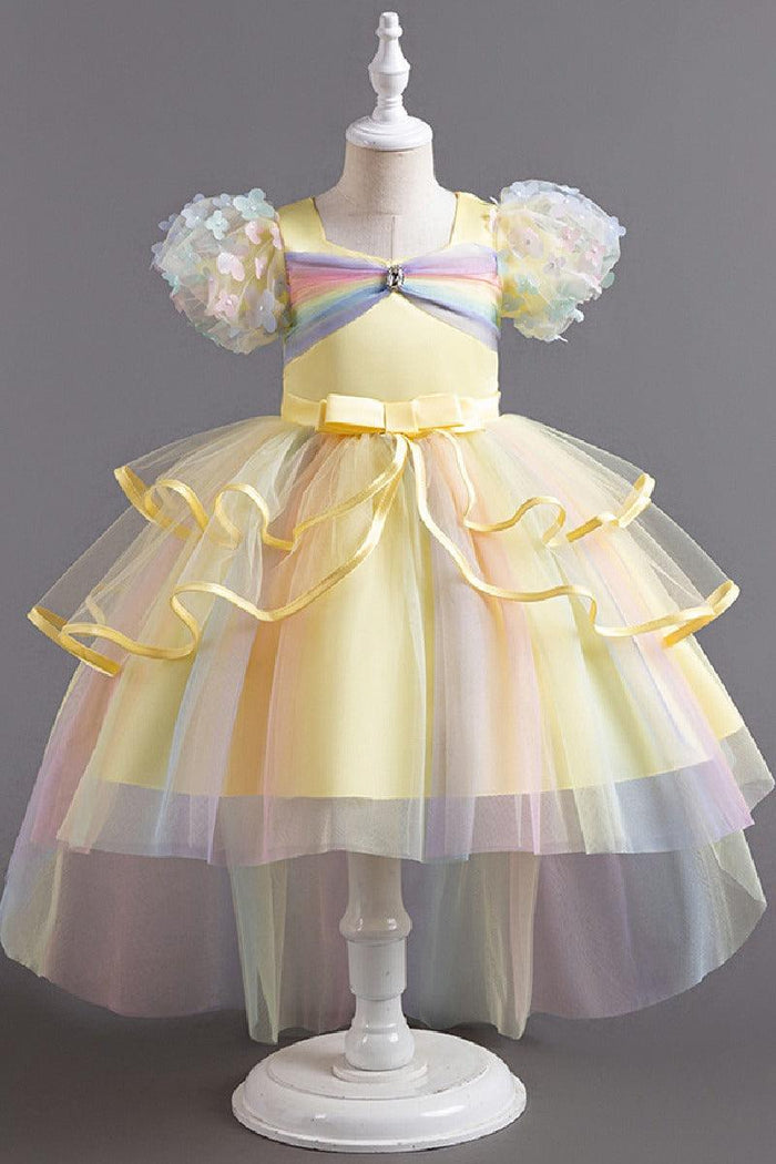 Princess Flower Puff Sleeve Pastel Rainbow High-Low Tulle Flower Girl Dresses 1030166757920