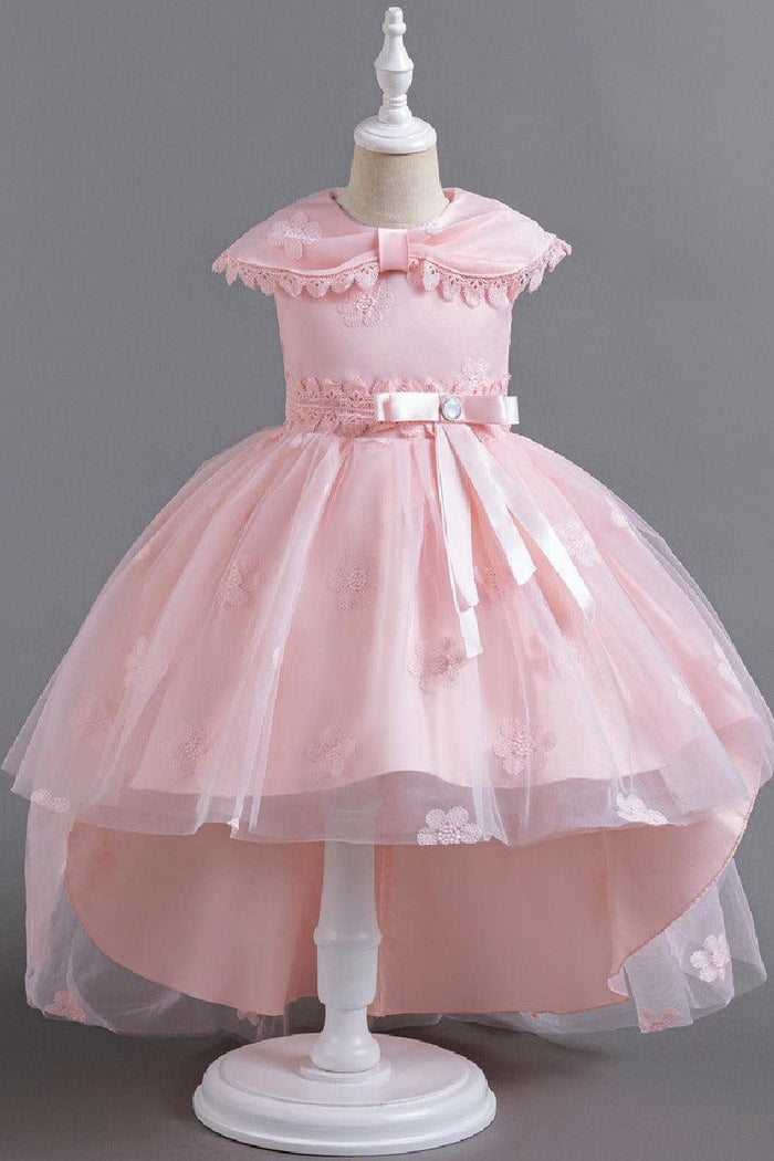 Princess Peter Pan Collar Lace Trim High-Low Floral Tulle Flower Girl Dresses 1030171849352