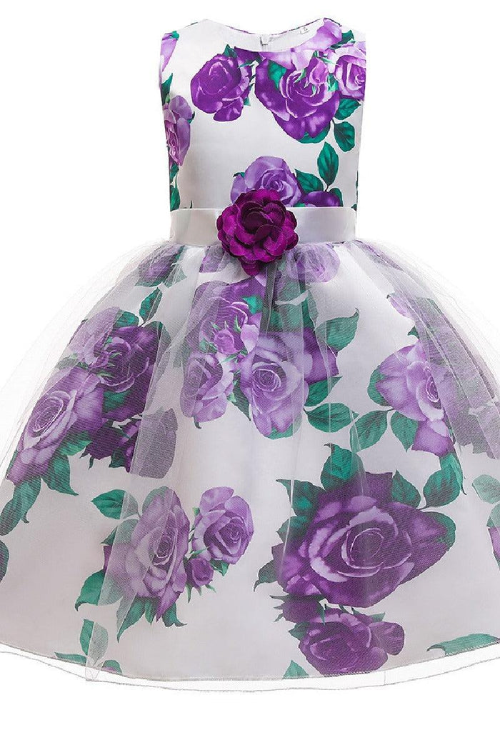 Princess Sleeveless Round Neck Floral Print Knee Length Stain Flower Girl Dresses 1029258726192