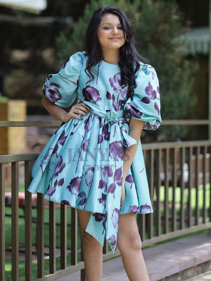 Sample Satin Purple Floral Print Party Dress
