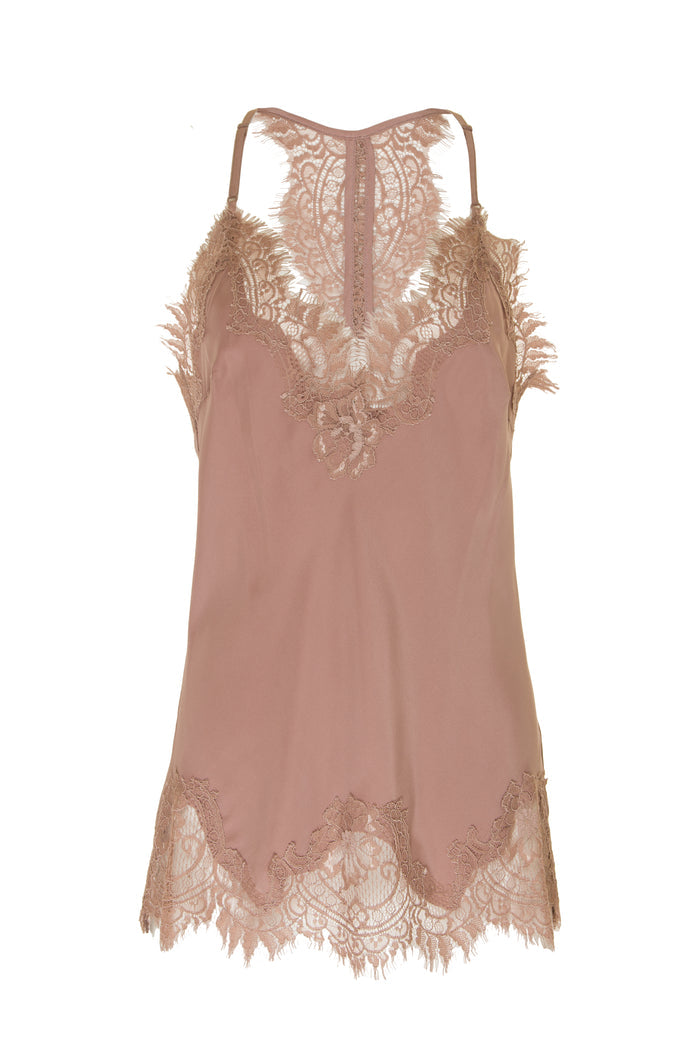 The Silk Lace Razorback Cami in rose taupe.