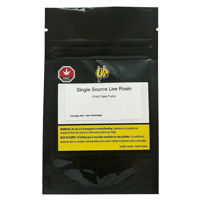 Front-facing shot of a black pouch labelled "Single Source Live Rosin" with a white product label, yellow warning strip, and THC symbol.