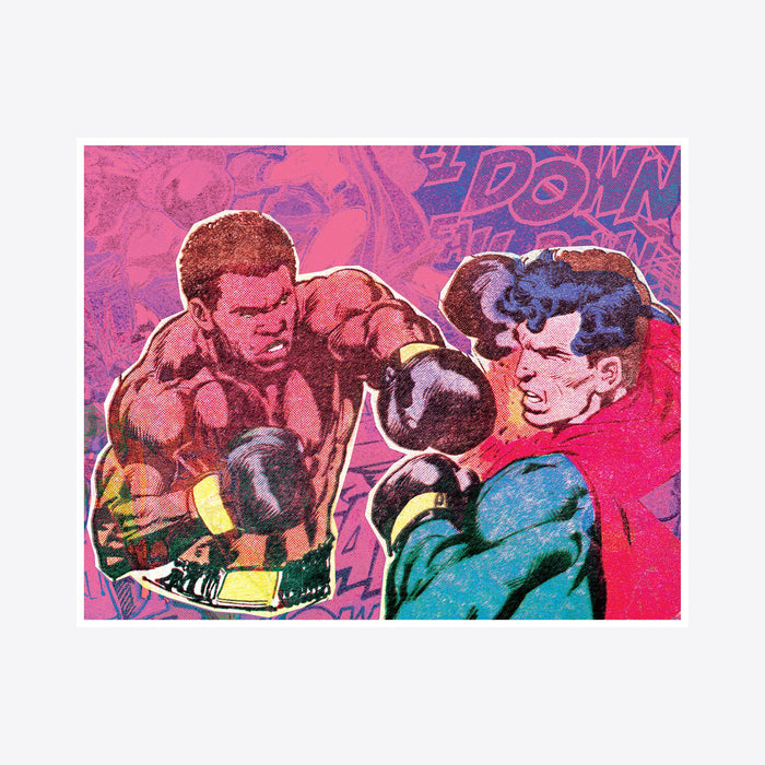 The artwork 'Superman Vs Ali 2' by Travis Witmer features a dynamic pop art composition on a vibrant pink and purple background. The illustration depicts two figures in a boxing stance against a stylized graffiti-style backdrop. Rich colors include teal, red, burgundy, and black, creating a dramatic retro comic book aesthetic. Digital print artwork framed by intense magenta tones by Travis Witmer.